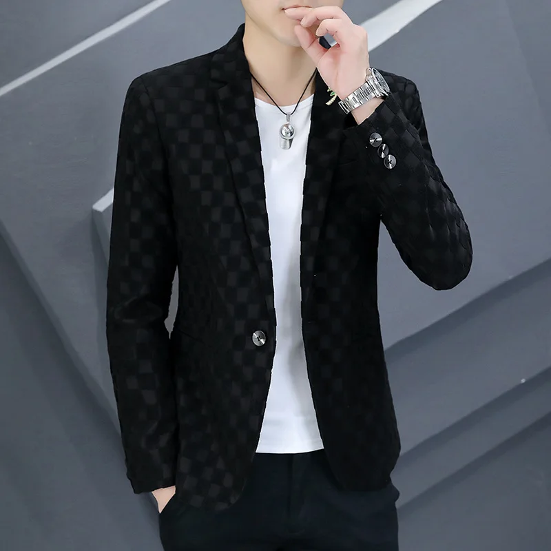 HOO 2025 Men's Autumn Wear New Plaid Jacquard blazer  Youth Handsome Slim-Fitting Leisure blazer