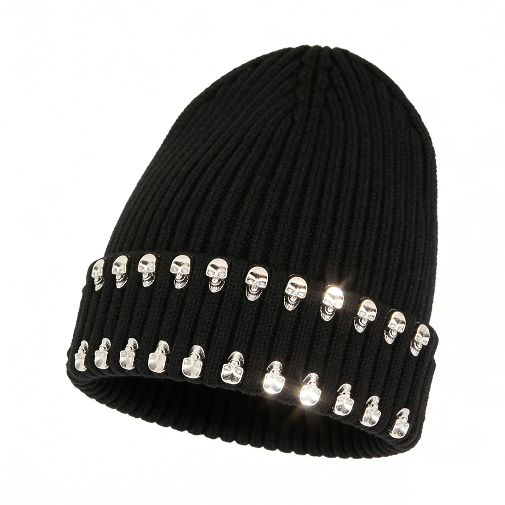 Autumn and Winter New European and American Street Fashion Personality Handmade Heavy-Duty Metal Skull Decoration Knit Hat, Same Style as Internet Celebrities, Unisex
