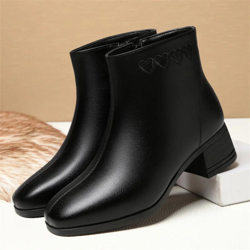 

Autumn Winter Soft Leather New Back Zipper Versatile Women Solid Color Fashion Boots Thick-Heel Comfortable Cotton Shoes