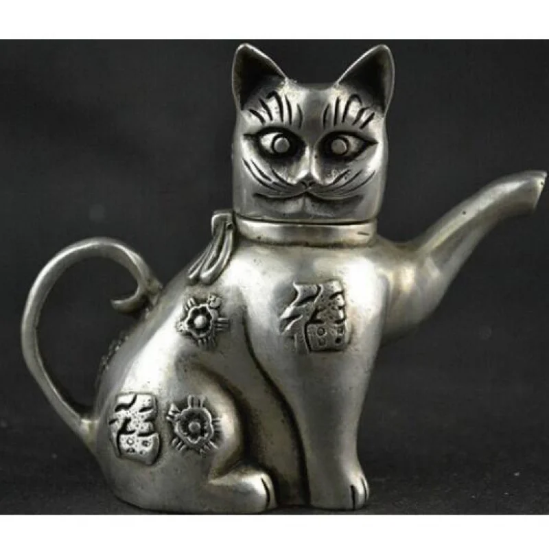 

decoration copper silver factory outlets Chinese Collectible Decorate Handwork Old Tibet silver carving cat Luy tea pot