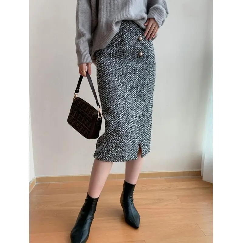 Xiaoxiangfeng Coarse Woolen Skirt for Women's Autumn and Winter New Style High Waist Versatile Hip Hugging A-line Mid Length