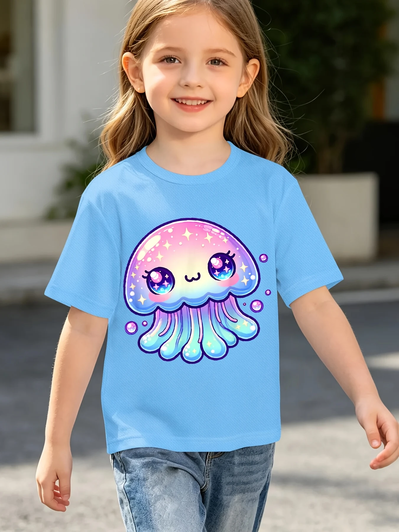 Cute Glitter Cartoon Jellyfish Star Bubble Ocean Graphic Print T Shirt Family Matching Boys Girls Kids Short Sleeve Daily Tees