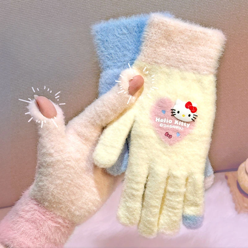 

Miniso Hello Kitty Gloves Warm Dew Finger Printed Plush Gloves Women's Cute Cinnamoroll Touchscreen Warm Outdoor Gloves