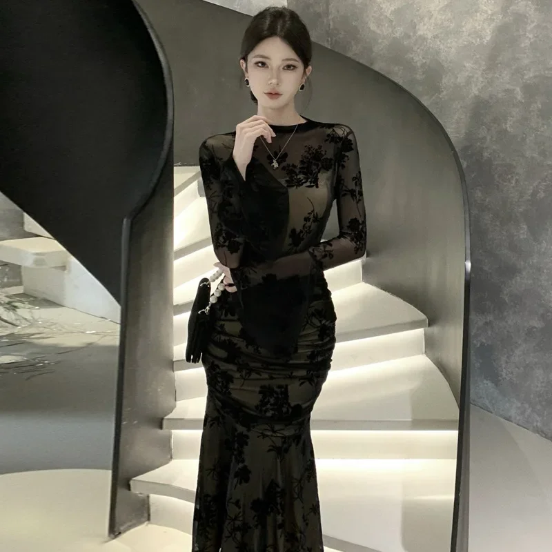 

Сетчатое длинное платье Cheongsam в китайском стиле, женское черное Ципао, сексуальное улучшенное китайское платье с длинным рукавом, элегантное платье, винтажный костюм
