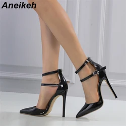 Aneikeh2024 primavera/autunno elegante Sexy décolleté con tacco sottile a punta da donna PU Solid Buckle Strap tacco alto scarpa singola abito da sposa