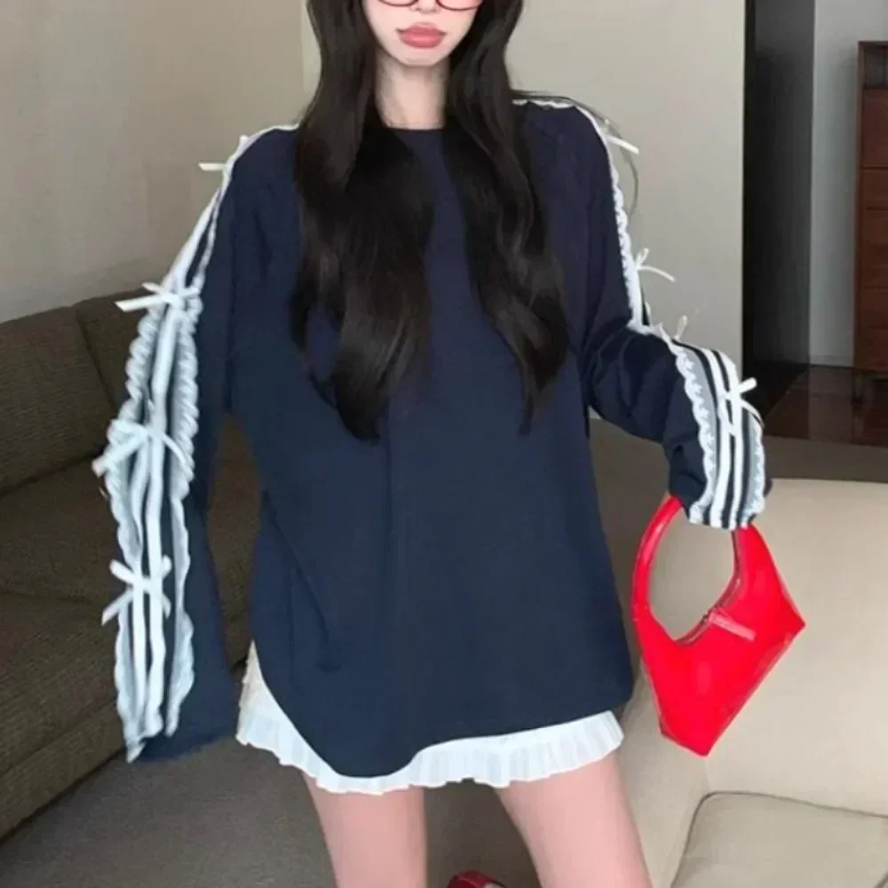 

Casual O Neck Long Sleeve Minority T-shirt Lace Patchwork Loose Bow Women Clothing Korea Mid-length Slim All-match Mujer