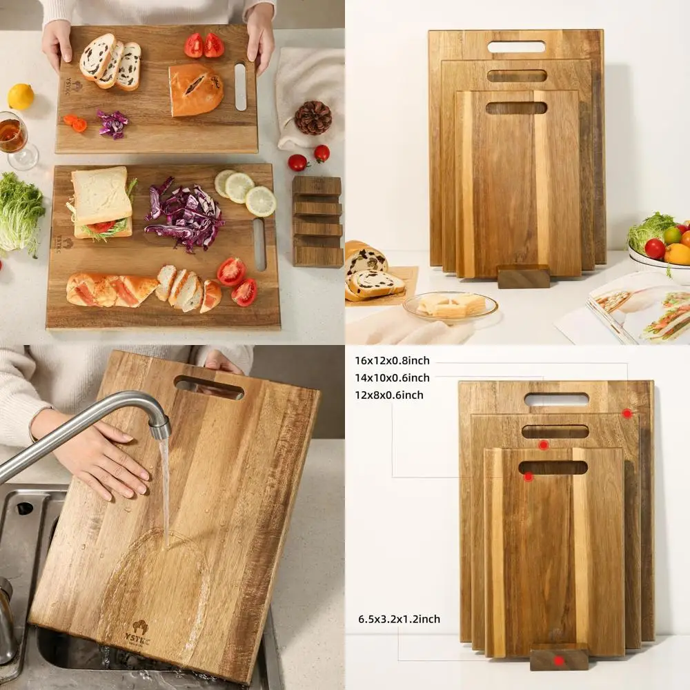 

Set of 3 Acacia Wood Cutting Boards, Kitchen Large Chopping Boards with Handles, Thick Butcher Block Trays for Meat, Fruits, Veg