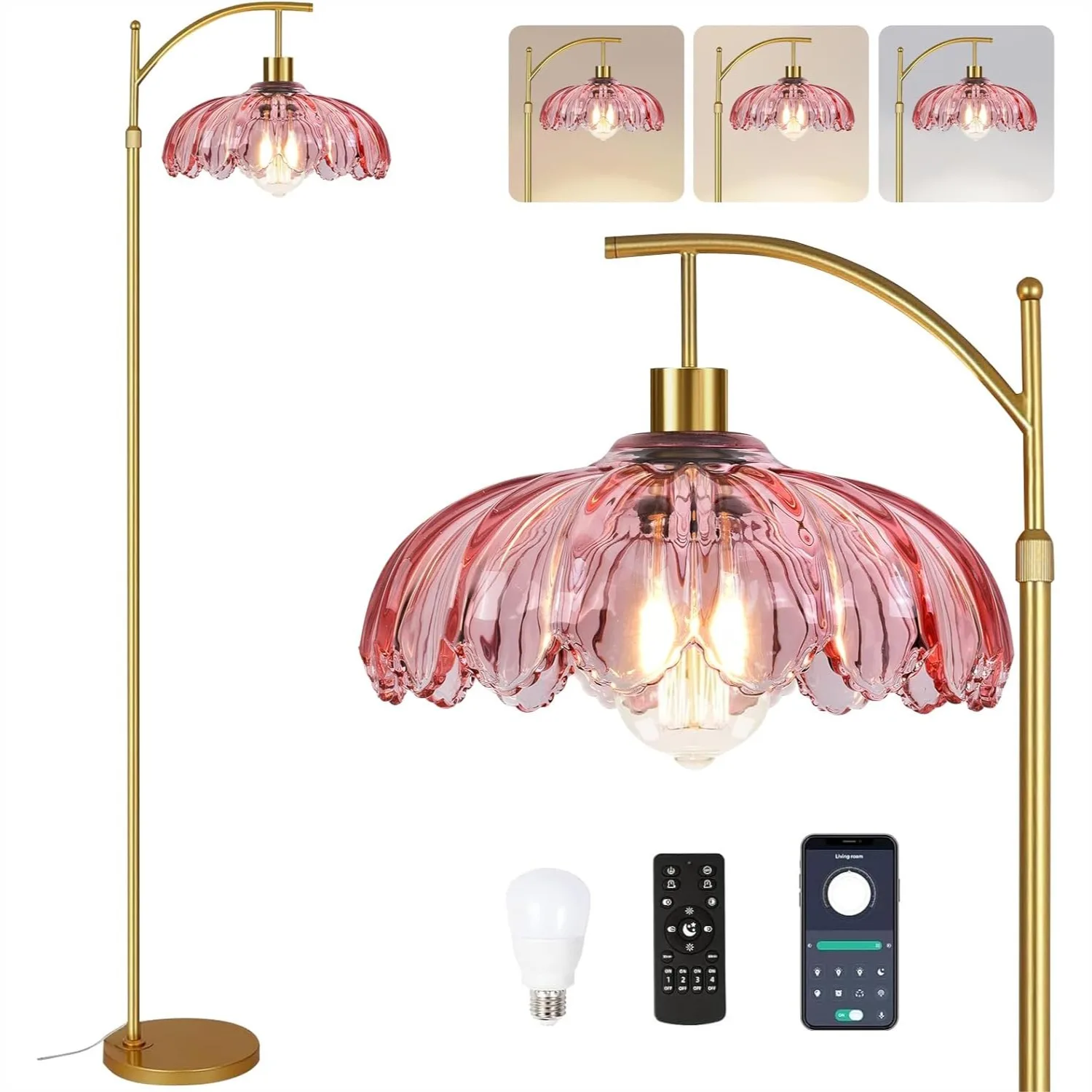 

Mid Century Modern Floor Lamp, Gold Dimmable Standing Lamp with Remote, Vintage Pink Glass Lamp for Living Room Bedroom