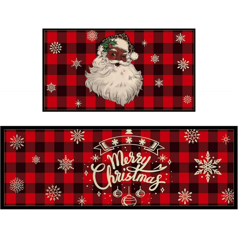 

Christmas Kitchen Floor Mat 2-piece Set Red and Black Buffalo Snowflake Decoration Living Room Door Mat 20inX31in 18inX47in