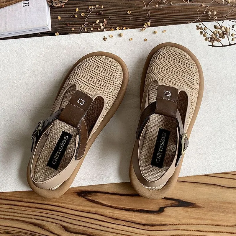 

Cross-border hand-stitched retro baotou sandals 2024 Mori flat hollow shallow mouth single shoe soft sole breathable slippers