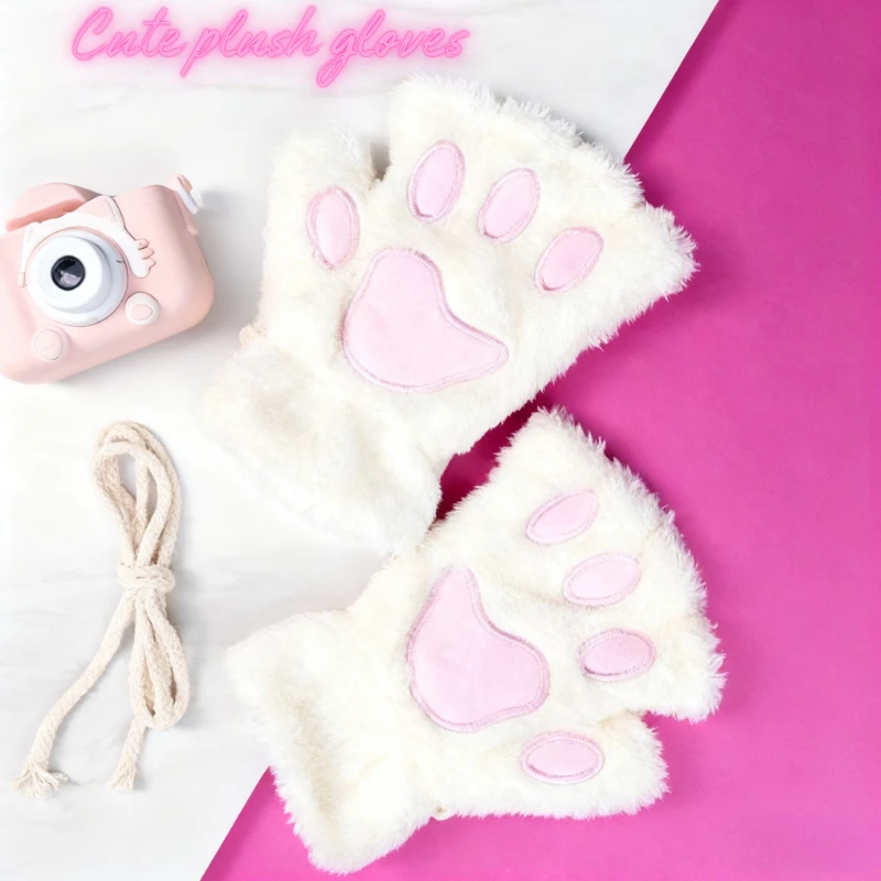 

Cartoon Cute Cat Claw Paw Gloves Women Plush Mittens Warm Soft Fingerless Fluffy Cat Gloves Costume Half Finger Gloves