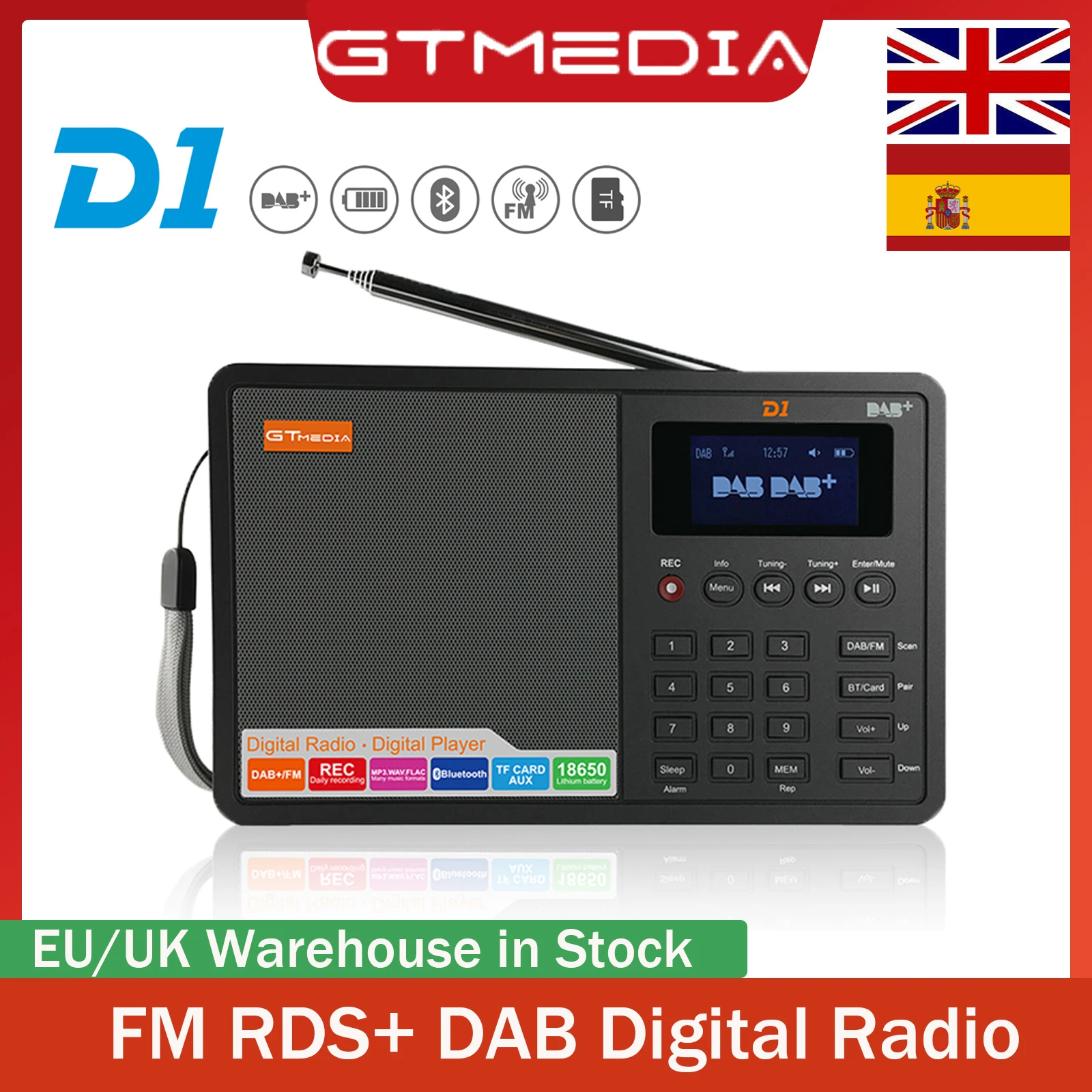 

Портативное цифровое радио FM/DAB+ GTMEDIA D1 с ЖК-дисплеем 1,8 дюйма BT V2.1 + EDR / TF-картой, входная запись AUX, часы/будильник/таймер сна