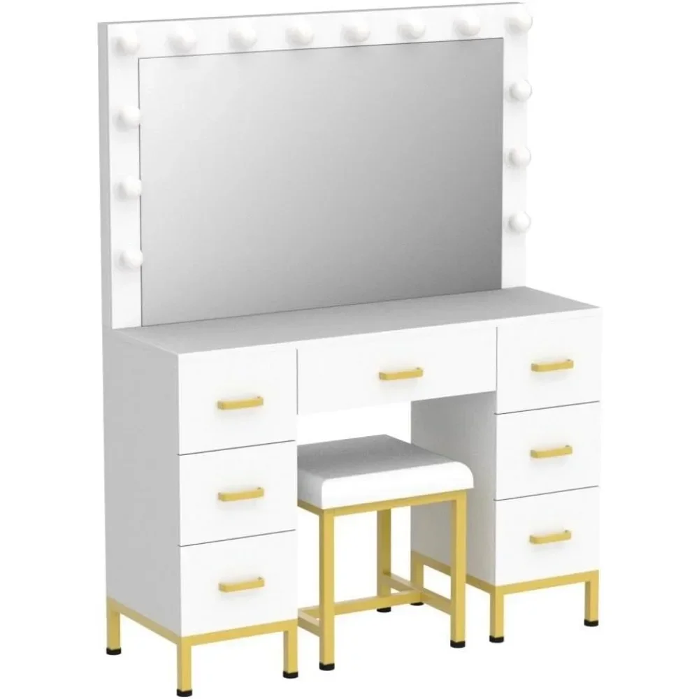 for Set with Lighted Mirror, Makeup Vanity with  LED Bulbs, Cushioned Stool &Drawers