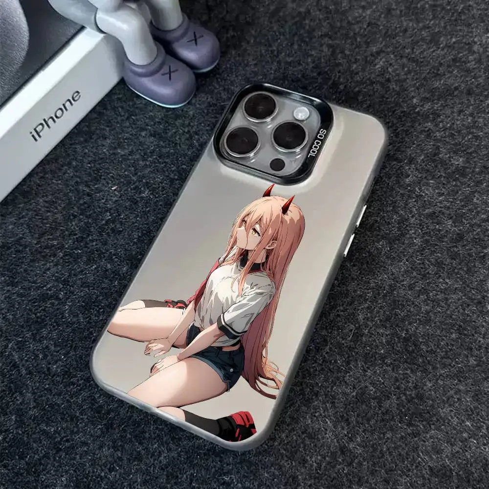 1 st Power Chainsaw Man Telefoon Case Laser IMD Kleur Zilver Shell Voor IPhone 17 16 15 14 13 12 11 Air Pro Max Plus