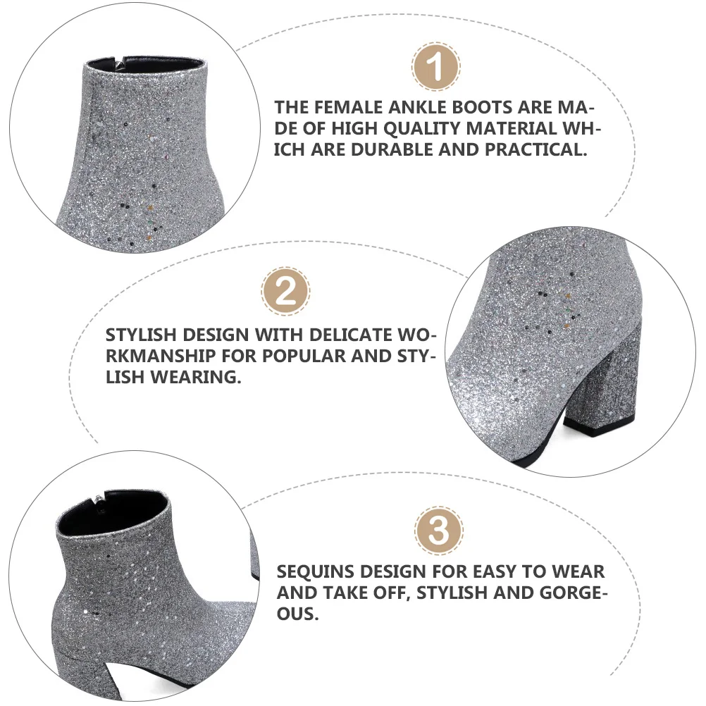 

Ботильоны с блестками и острым носком, женские черные туфли на высоком каблуке, серебристый верх. Материал: искусственный ПУ.