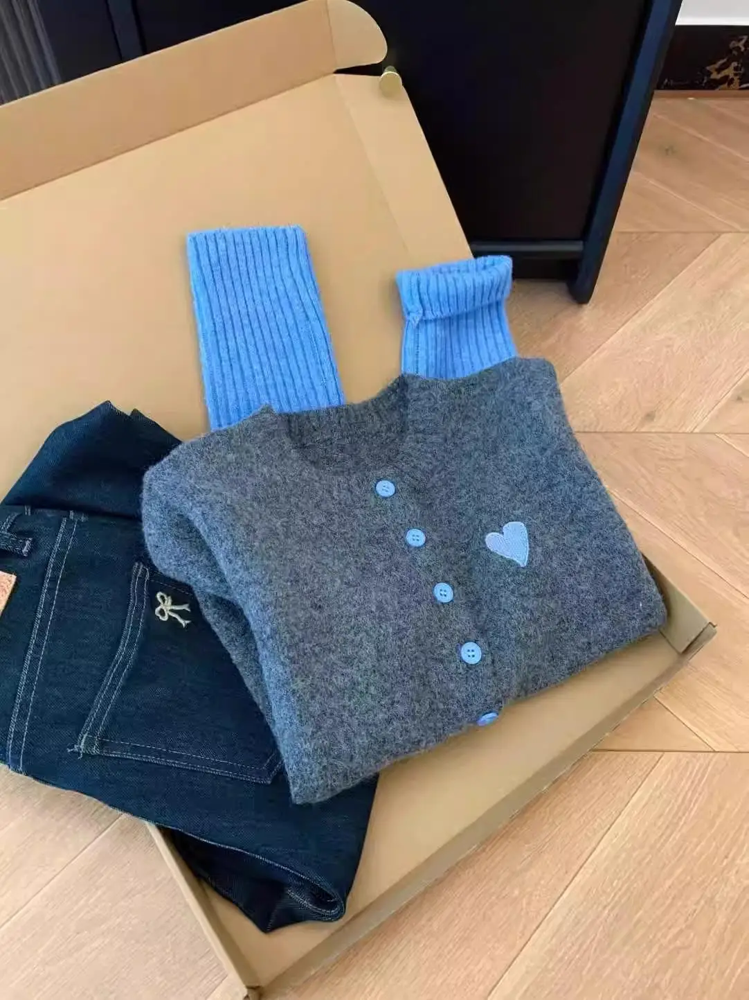 معطف محبوك بلونين متباينين رمادي وأزرق للنساء، تصميم جديد لربيع وخريف، معطف صغير محبوك بأسلوب عتيق يمنح إحساسًا بالانتعاش