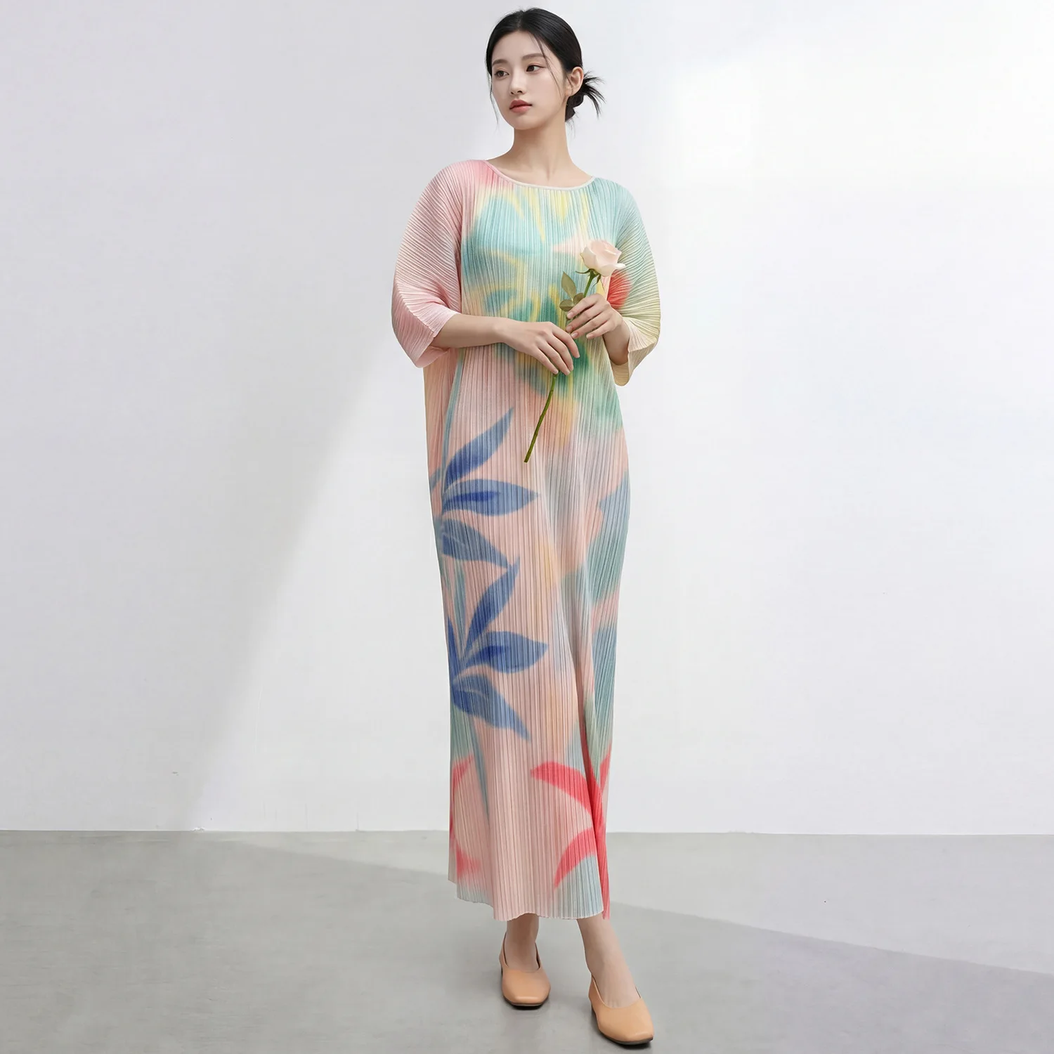 

Miyake Pleated Tie-dye Dresses Women 2026 Spring and Summer Short-sleeved High Neck Thin Senior Sense Temperament Long Skirt