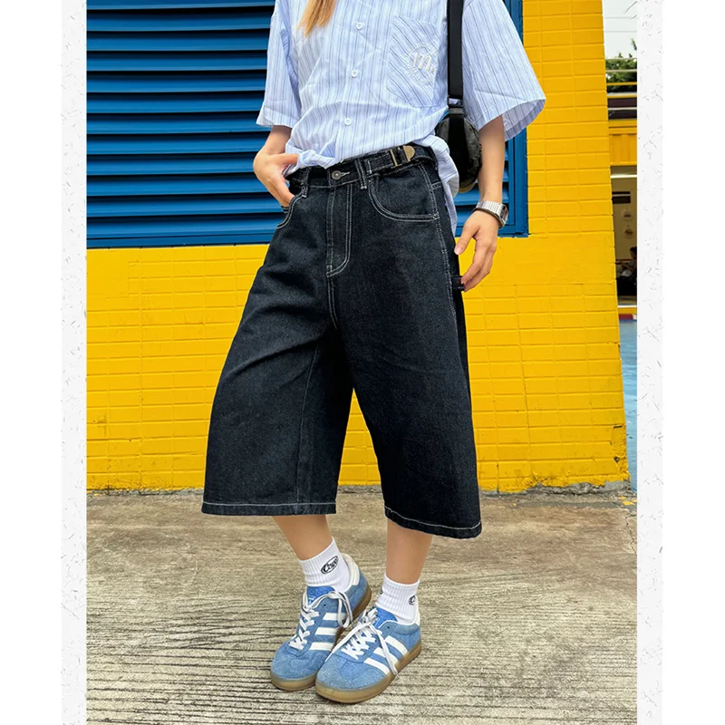 

Women's Shorts Summer Dark Blue High Waist Jeans Y2K Straight Knee Length Pants Classic Streetwear Vintage Wide Leg Denim Shorts