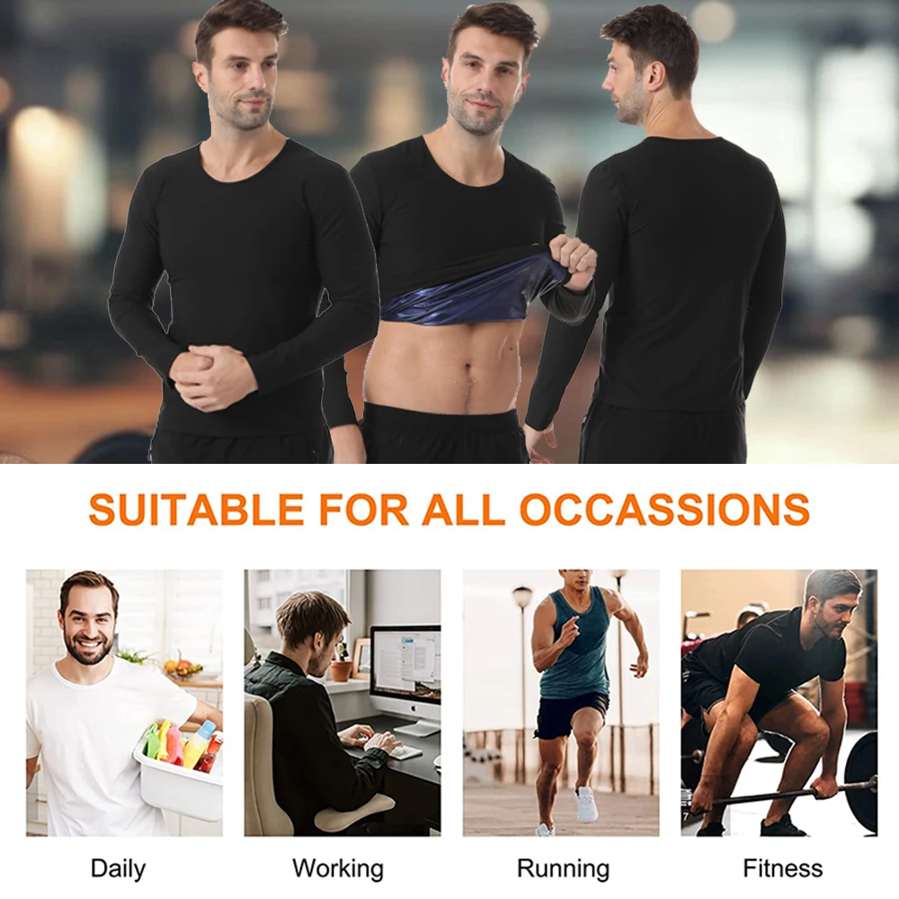 Men Sweat Suit Neoprene Sauna Shirt Fitness Waist Trainer Sweat Gym Long-sleeved Top Workout Slimming Body Shaping Round Neck