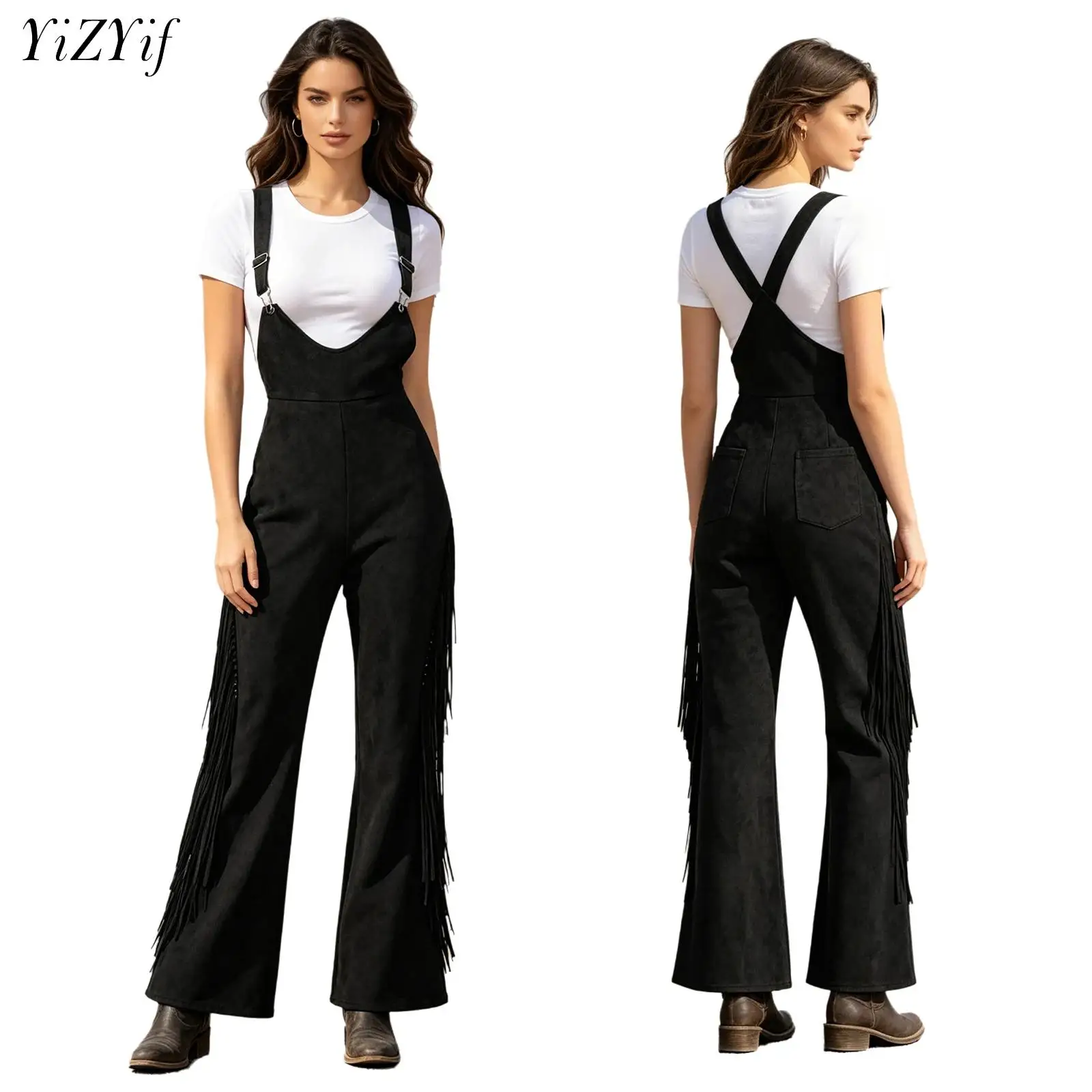 

Womens Western Cowgirl Retro Jumpsuit Fringed Overalls Adjustable Straps High Waist Wide-leg Rompers Themed Party Streetwear