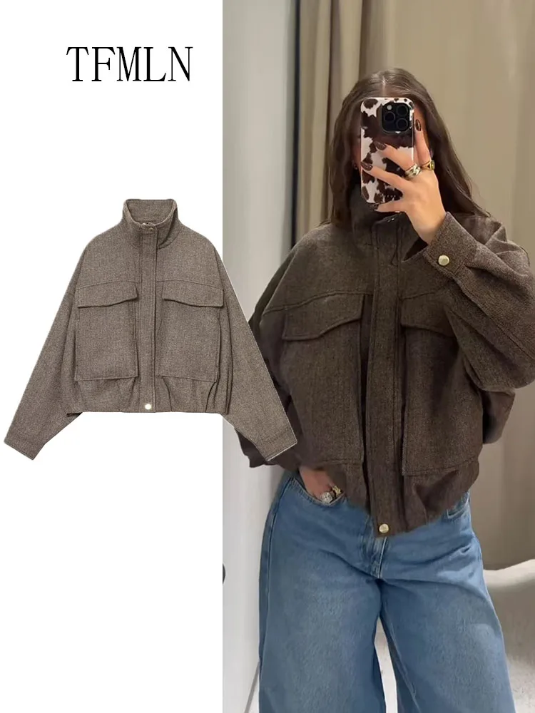 

Повседневные куртки-бомберы больших размеров для женщин, осень-зима 2021, свободные пальто в стиле ретро с воротником-стойкой и карманами, уличная верхняя одежда на молнии