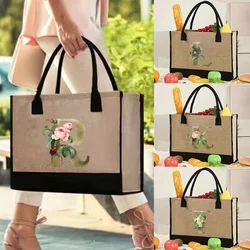 Beach Bag Jute Shopper Bag Lightweight Handbag Portable Large Capacity Woven Shopping Grocery Organizer Golden Flower Pattern
