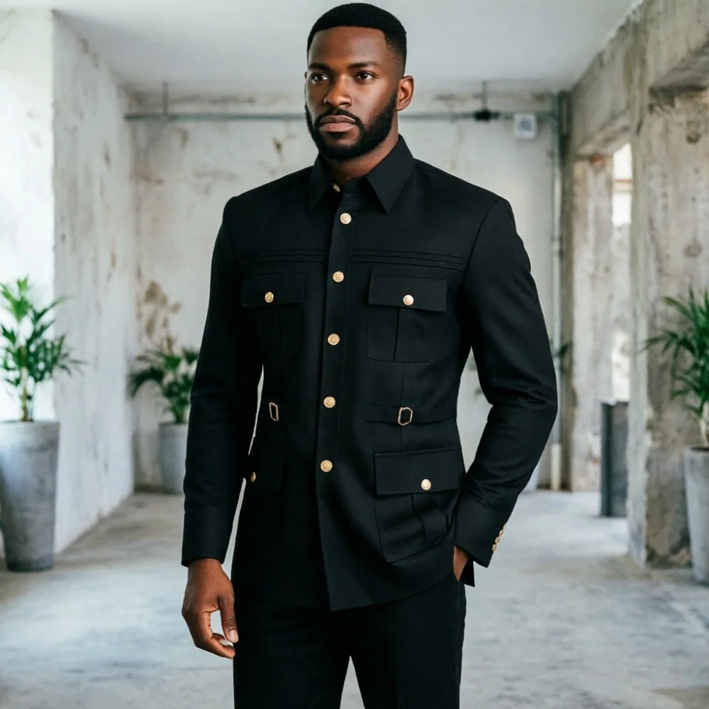 Safari Men Suits Men Urban Utility Black Safari Suit Set Functional Multi Pocket Blazer For Office Business Casual Daily Wear