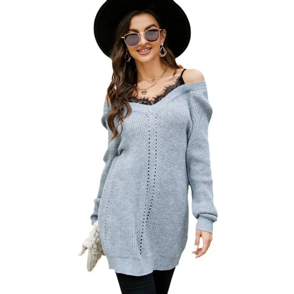 

Women's Sexy Lace Splicing V Neck Pullover Knitwear Loose Fashionable Fake Two-Piece Top European And American Style