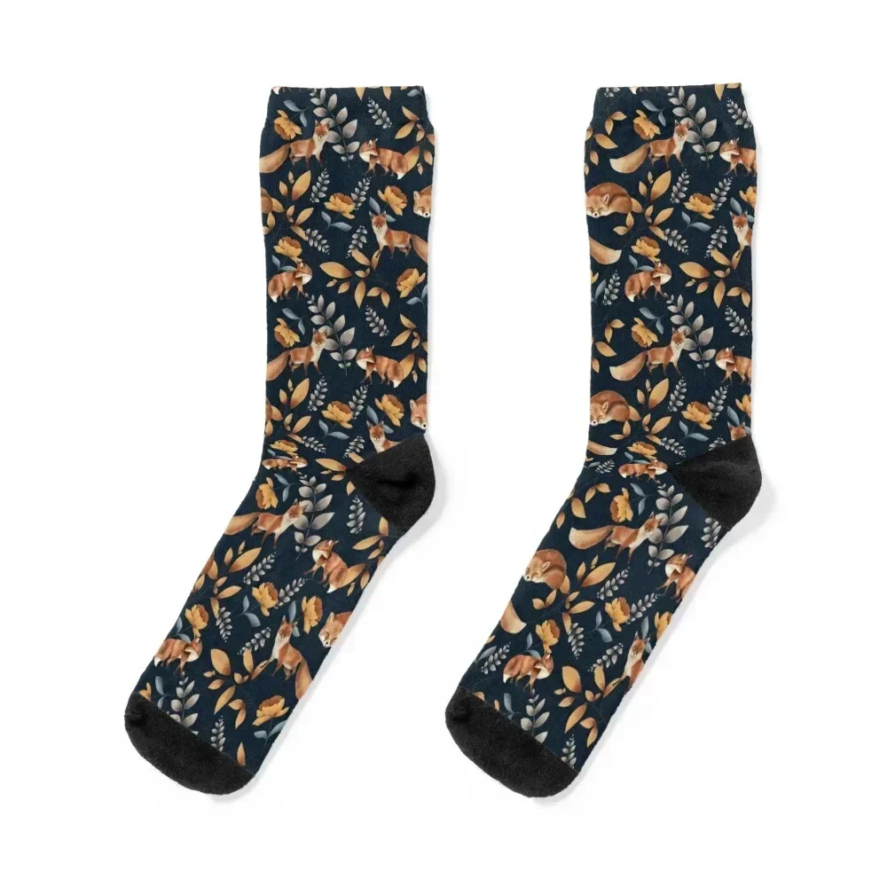 

Woodland Red Fox on Blue Background Socks floral Non-slip Women Socks Men's