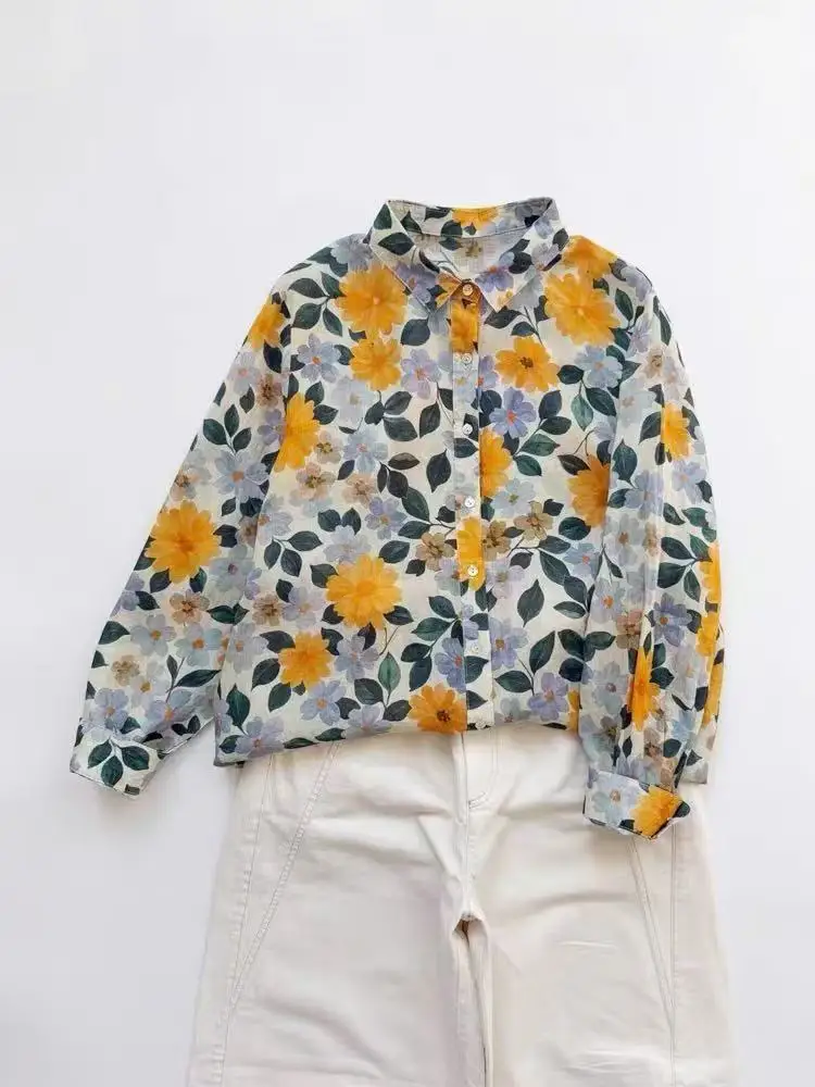 

2026 Spring Summer New Ramie Cotton Floral Shirt Retro Thin Printed Women's Tops Long Sleeve Blouse Streetwear Boho