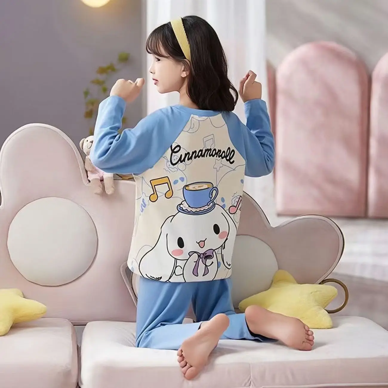 2 ชิ้นเด็ก Kuromi รูปแบบชุดนอน, เสื้อแขนยาวและชุดกางเกง, การ์ตูน Cinnamoroll พิมพ์ Loungewear, สบายๆสาวชุด