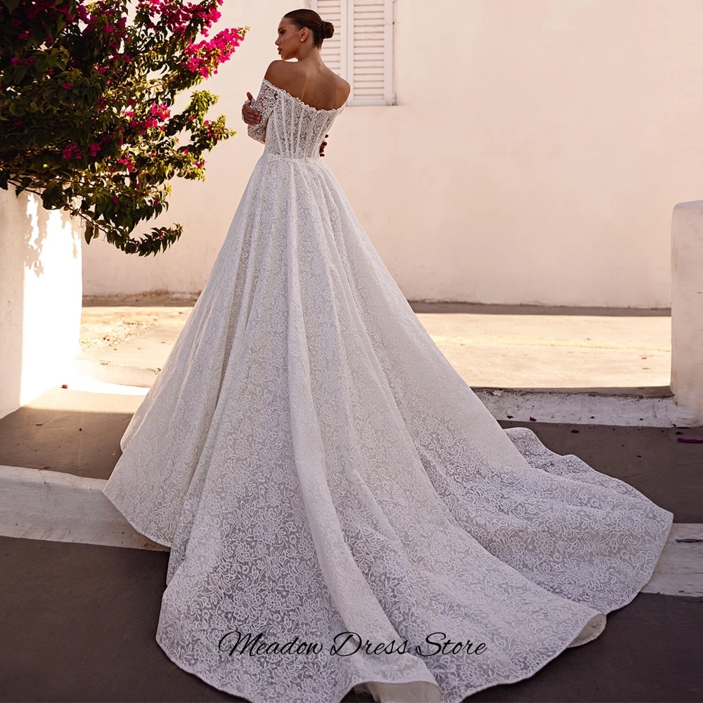 Formal Boat Neck Long Sleeves Vestido De Novia Luxury Customized Appliques Lace Bridal Gowns A-Line Zipper Back Wedding Dress