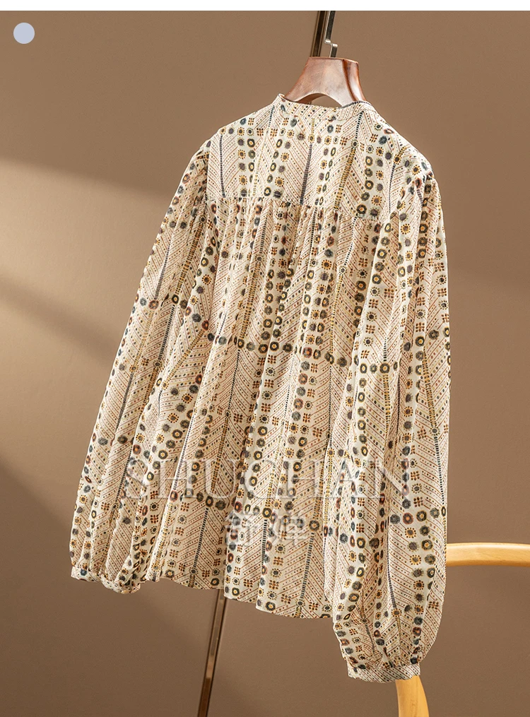 New French Lazy Court Style, Design 100 High-count Cotton Printed Pleated Long-sleeved Shirt and Blouse Women 1Y41