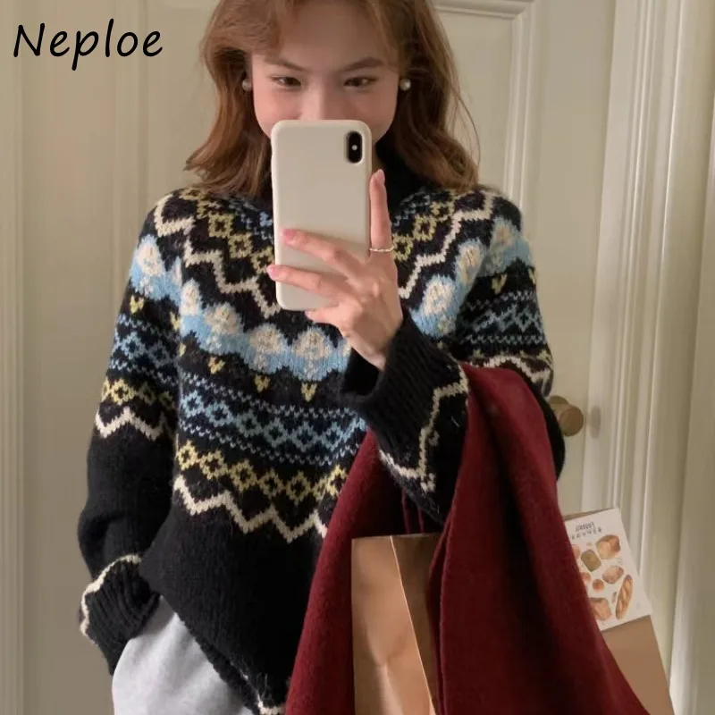 Neploe, suéter de punto suelto de Jacquard contrastante de estilo étnico Vintage para mujer, jerséis holgados informales con patrón ondulado para Otoño e Invierno 2024