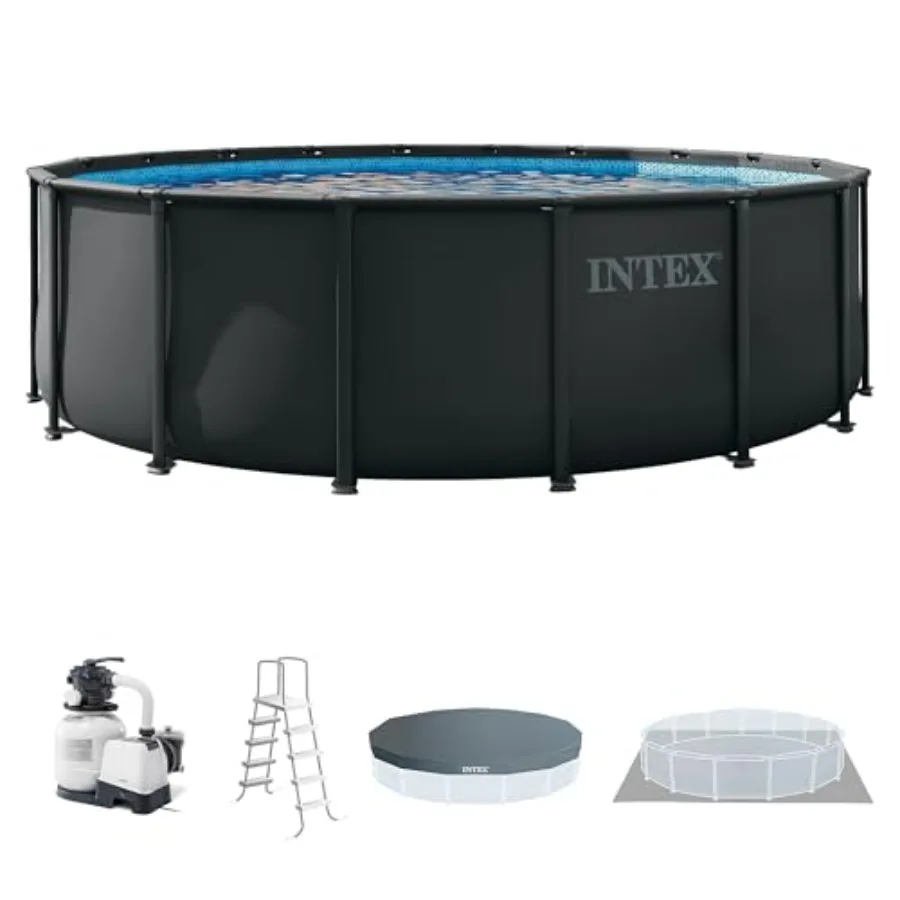 

Above ground swimming pool set for backyard use, steel frame material, gray color, includes 2100 GPH sand filter pump, ladder,