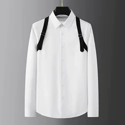 Fashion Shoulder Strap Decoration Men's Shirt Long Sleeve Business Social Dress Shirt Banquet Party Tuxedo Blouse Men Clothing