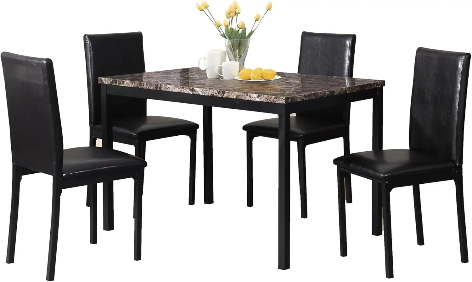 Roundhill Furniture 5 Piece Citico Metal Dinette Set with Laminated Faux Marble Top - Black