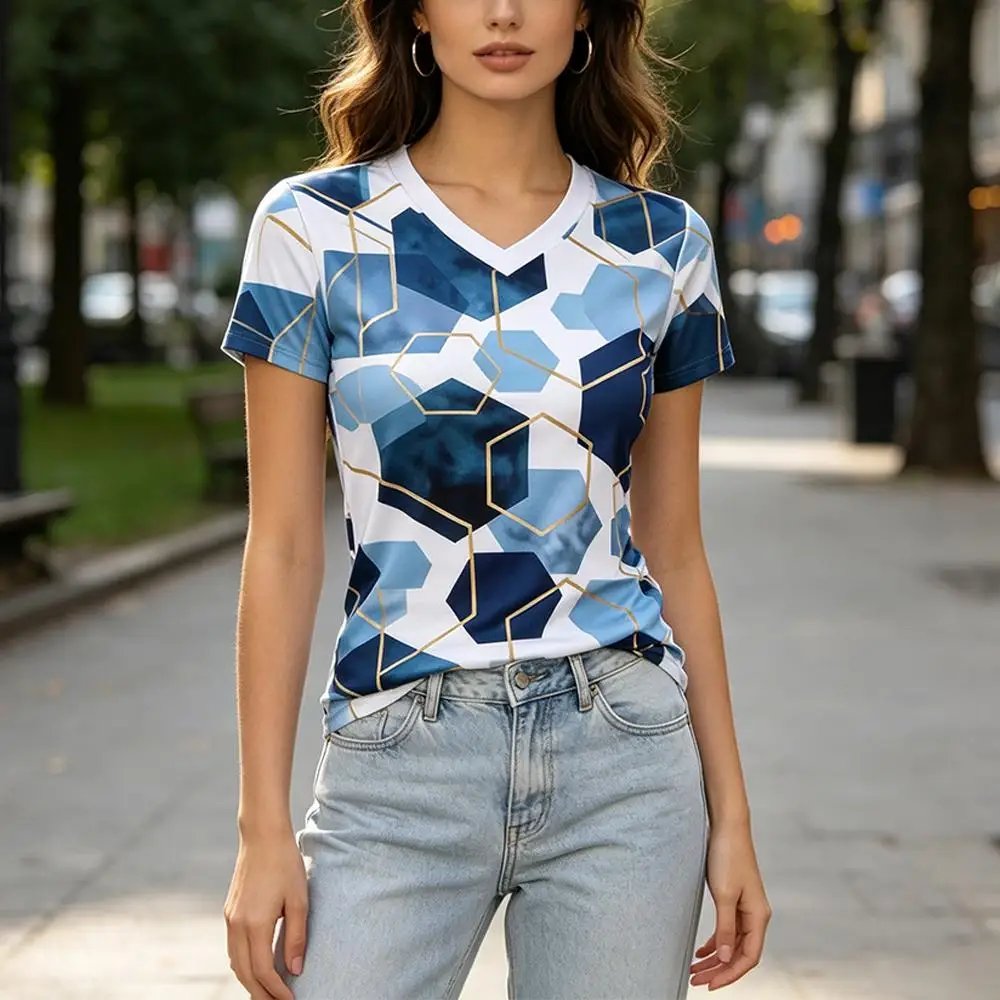 Summer Women V‑Neck T-shirt Abstract Block Color Line Drawing Print Short Sleeve Ladies Casual Streetwear Daily Slim Fit Tops