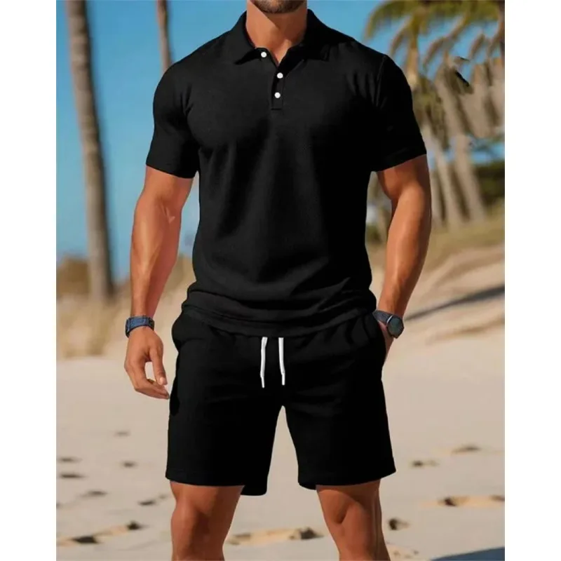 

Summer Casual Versatile Two-piece set Fashion short sleeve Button V-neck Polo Shirt+Breathable Mesh Shorts Set Men tracksuit