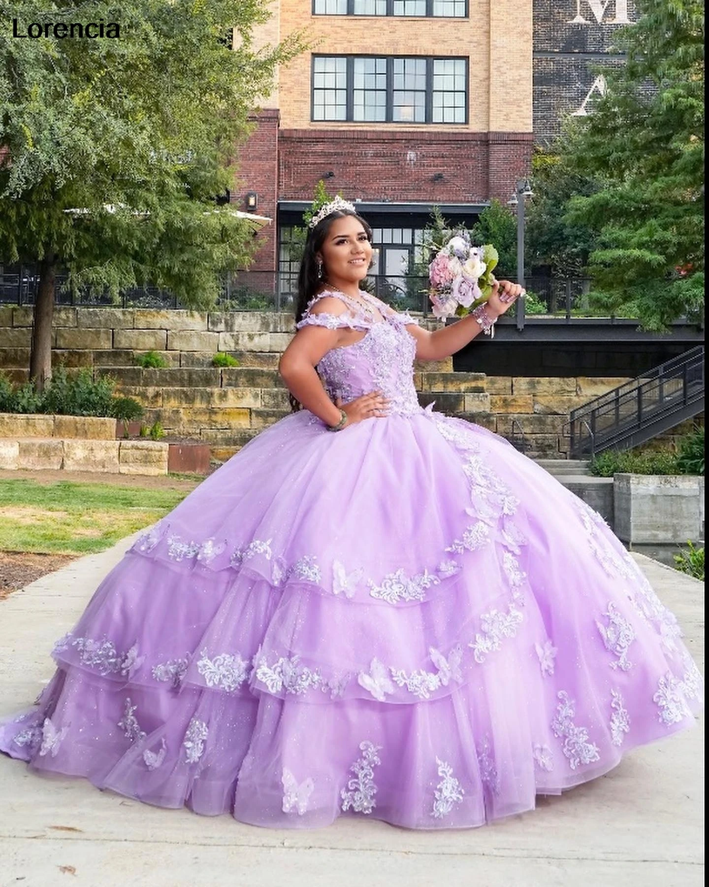 

Lorencia Sparkly Lavender Quinceanera Dress Ball Gown Lace Applique Beaded Tiered Corset Sweet 16 Vestidos De 15 Años YQD871