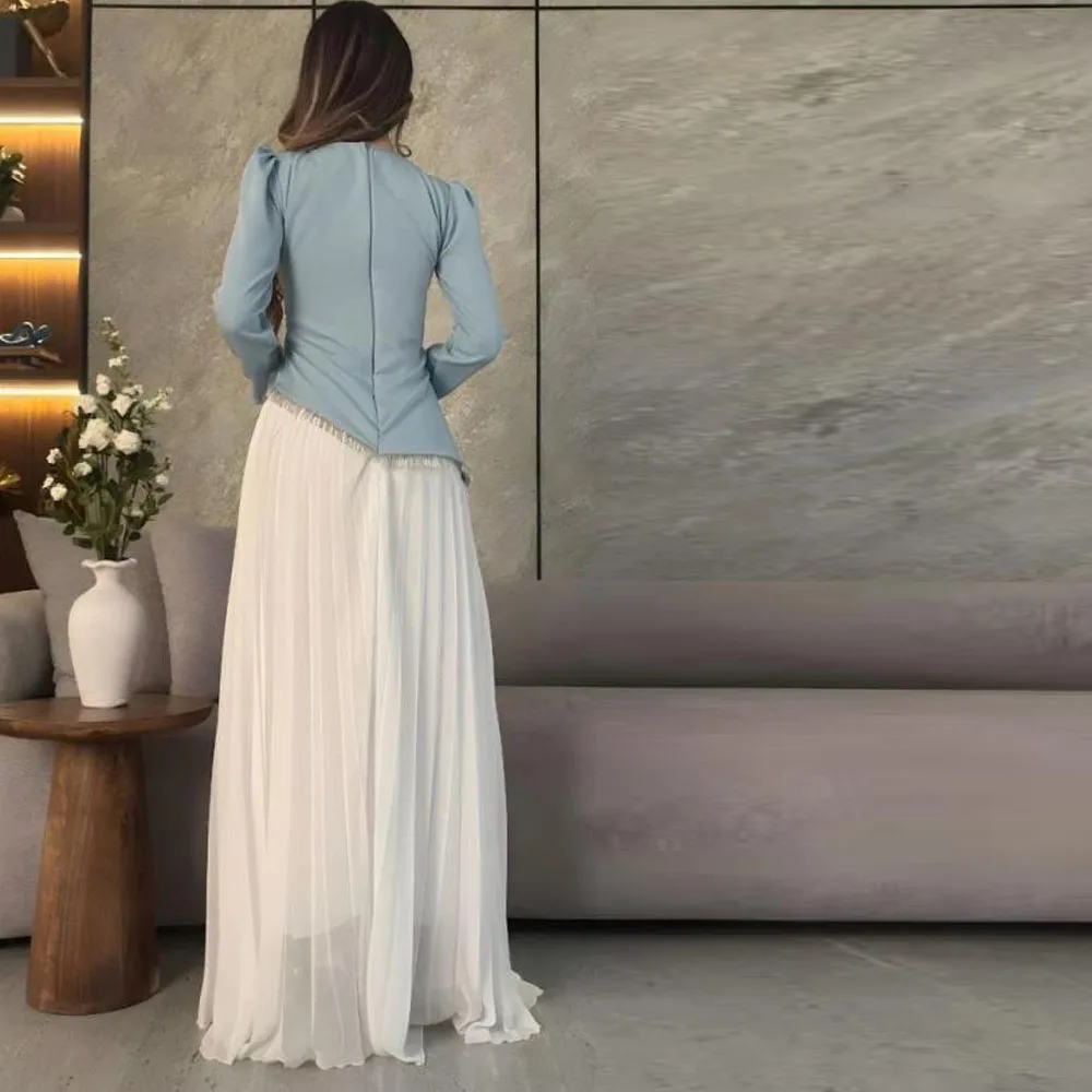 Customized Elegant Contrast Formal Prom Dress O Neck Long Sleeve Pleated Casual Dresses White Chiffon A Line Outfit with Flower