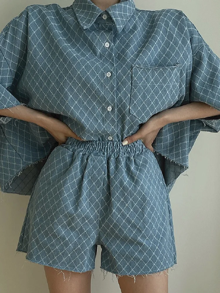 

Slimming Effect Diamond Pattern Denim irt And Wide Leg ort Pants Set for Women Loose Fit Collar Summer Faion Outfit