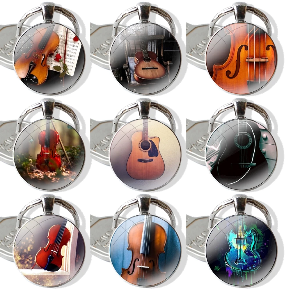 Music score Musical violin guitar 25mm Glass Cabohcon Keychain Key Rings for Women Men Jewelry Gift