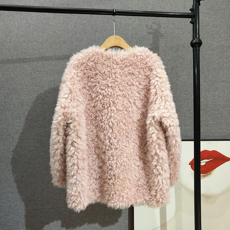 Femminile di media lunghezza girocollo fibbia in pelle vera pelliccia di agnello capelli donne capelli ricci Shearling Shearling giacca calda PT420