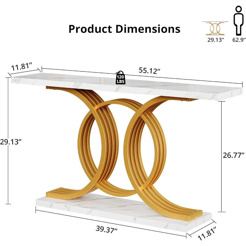 55 Inch Gold Entryway Table, Modern Faux Marble Console Table with Circle Metal Legs, Narrow Table Behind Sofa Couch