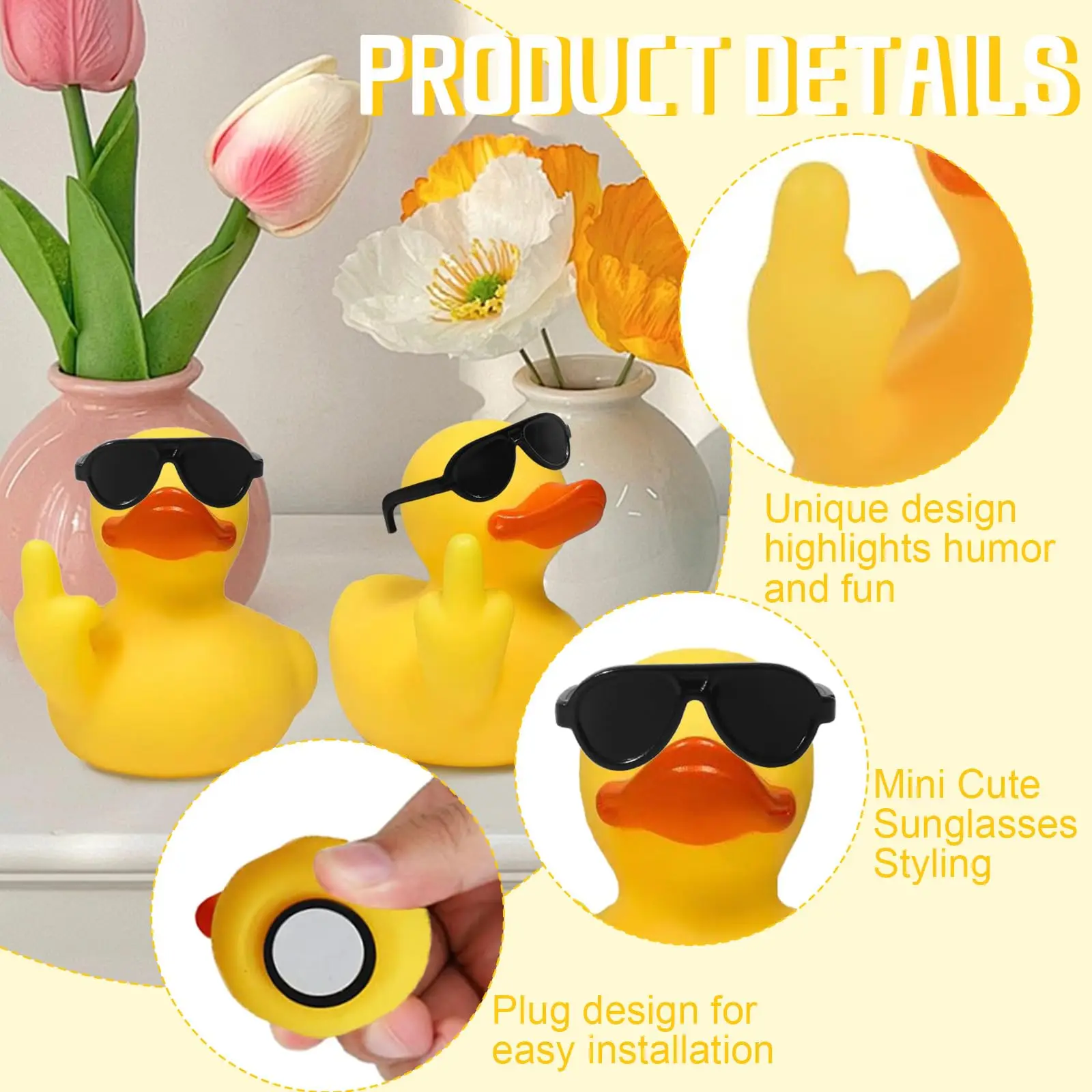 Canard en caoutchouc au doigt du milieu avec lunettes de soleil, canard en caoutchouc unique, jouet de bain, voiture, décoration de tableau Prada, cadeau d'ornement de maison, Jeep, 3 pièces