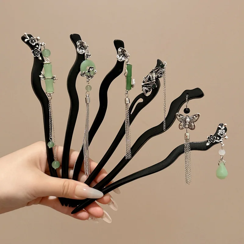 Chinese Style Bamboo Joint Tassel Hair Stick Vintage Black Wood Chopstick Hairpin For Women Girls Classic Hanfu Hair Accessories