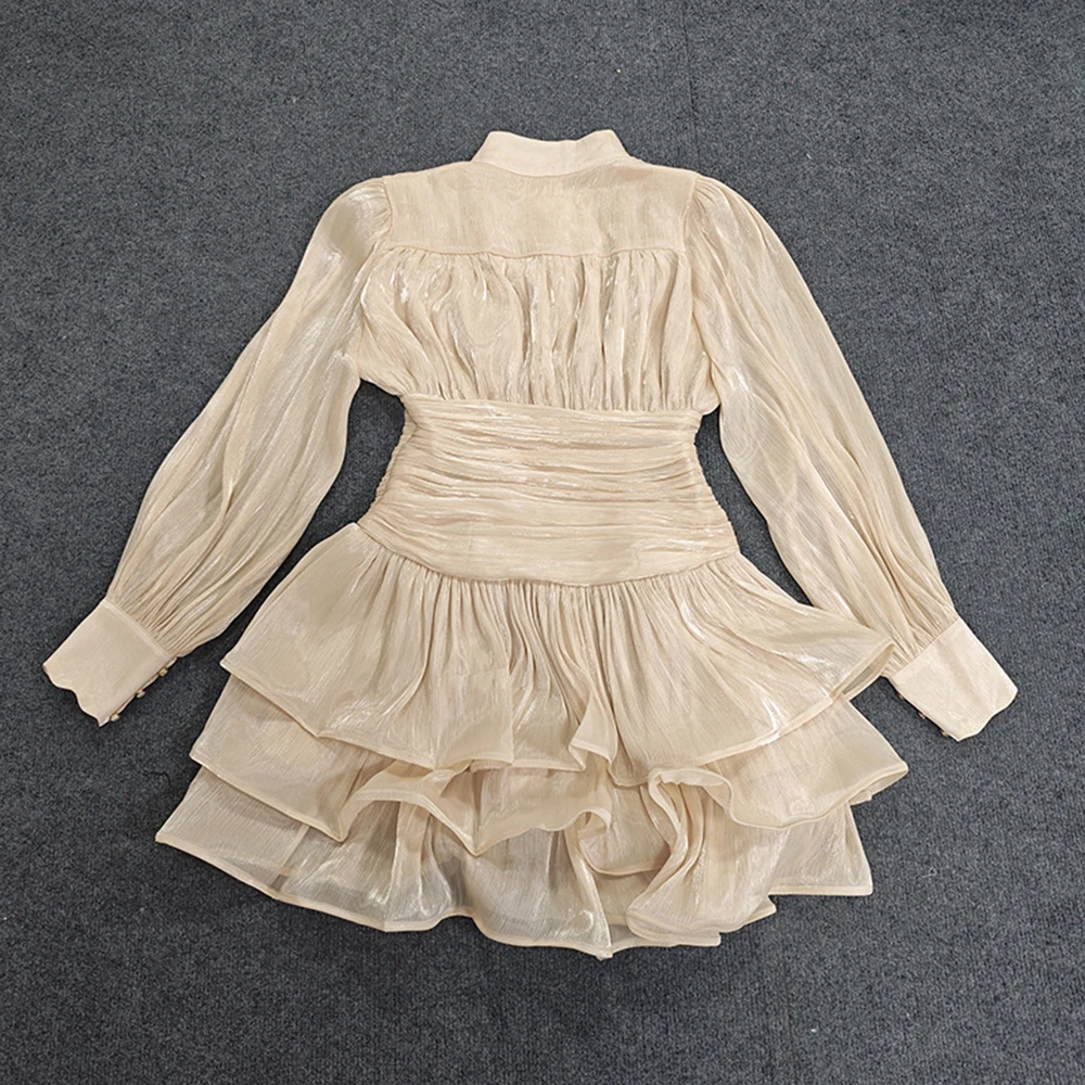TWOTWINSTYLE Casual Solid Short Dresses For Women Round Neck Long Sleeve High Waist Ruffle Elegant Dress Female New KDR533534