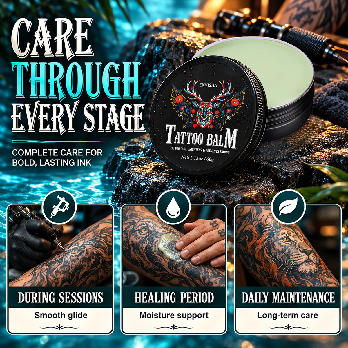 Tattoo-Hautpflege-Balsam-Creme, tiefenwirksam feuchtigkeitsspendend und nährend, für die Anwendung nach dem Tätowieren, hellt auf, sorgt für eine langanhaltende Farbfixierung, reizt nicht. – Detail 6