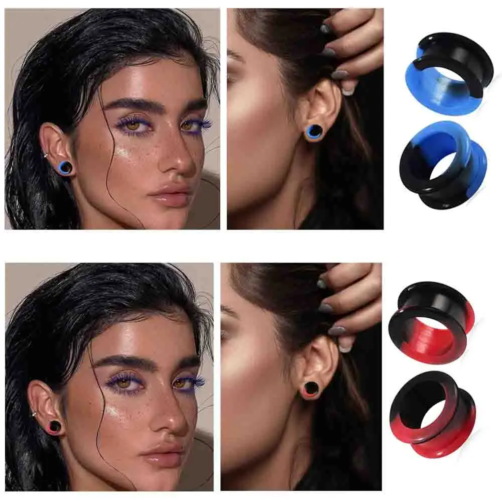 1 Pair Hard Silicone Color Blocking Ear Tunnel Ear Gauges Plug Expander Piercing 2g-1" image 5